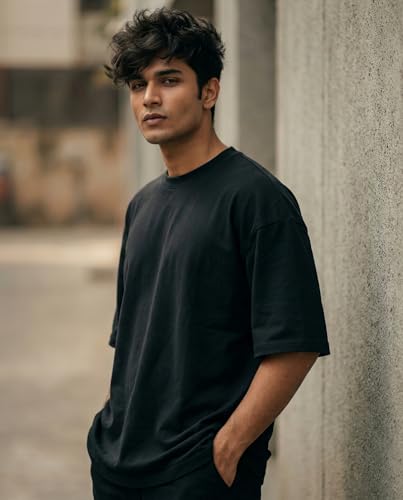 Image of Cotton Blend Oversized Solid T-Shirt for Men & Women | Round Neck Half Sleeve | Relaxed Fit | Lightweight & Breathable T- shirts for Casual Outings & Travel