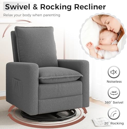 Image of Amopatio Swivel Glider Recliner for Indoor Nursery Rocker Chair Upholstered Single Sofa with Side Pockets and Footrest for Living Room Bedroom(Gray)