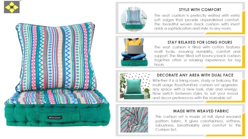 Image of Woven Quilted Floor Cushion Set 50x50x10 CM Green Boho with Fillers & Back Cushion, Large Size for Seating, Patio Seat, Meditation, Yoga, Pooja, Guests, Living 20x20x4 Inch