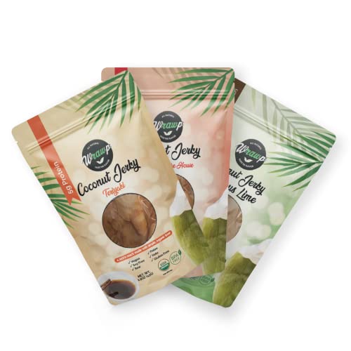Wrawp Coconut Jerky | 100% Plant Based Vegan And Raw Coconut Meat Jerky | Gluten Free, Paleo, Vegetarian, And Vegan Jerky Strips (Variety Pack, 3 Pack) #TOP26