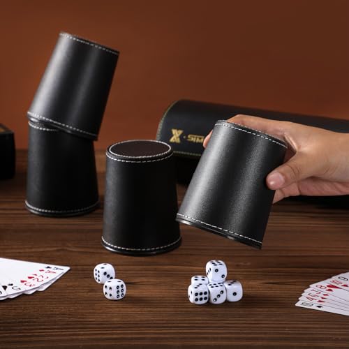 image for ImnBest Leather Dice Cup Set, 5 Black Leather Dice Cups + 25 Dice + Ex