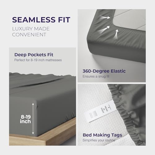 Image of THREAD SPREAD Egyptian Cotton Sheets Queen Size - Luxury 2000 Series High Thread Count Cotton Cooling Sheets Queen Size (4 PC, Dark Grey), Soft, Sateen Weave, 17 inch Extra Deep Pocket Hotel Bedding Set