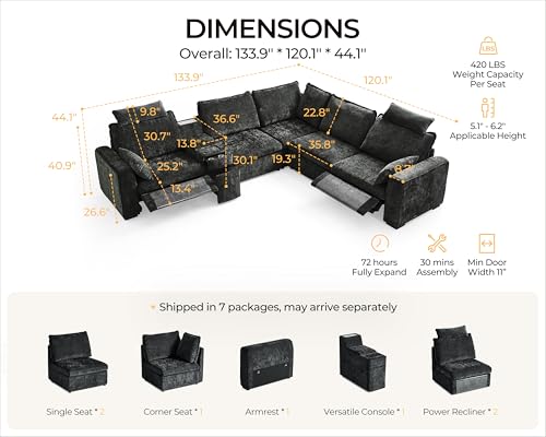 Image of Oversized Modular Sectional Sofa with Double Power Recliner, Cloud Reclining Couch with Headrest, Storage Drawer Charging Cup Holders, Deep L-Shaped 6 Seater with Corner, Chenille, Black
