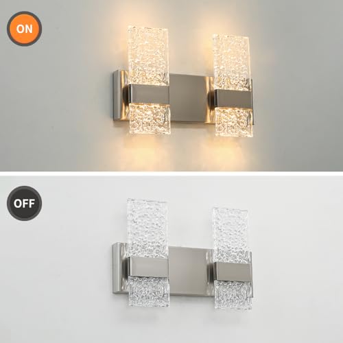 Image of Modern Brushed Nickel 2 Lights Bathroom Vanity Light, LED Bathroom Light Fixtures Over Mirror, Dimmable Acrylic Wall Lighting Fixtures, Hardwired Wall Light(H9.25in, L13.78in)