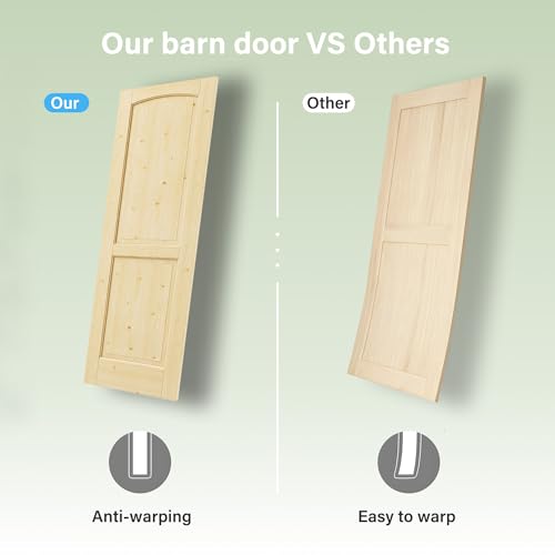 Image of 32 inch x 80 inch 3-Lites Solid Core MDF Panel Barn Door with Trimmable 72 inch Track Kit, Paintable Sliding Barn Doors for Closet Kitchen Bedroom Excellent Sound & Thermal Insulation, Nickel-Plated Hardware Kit
