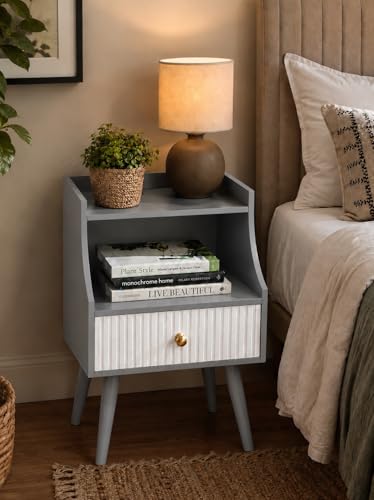 Image of ETIQUETTE ART Modern Fluted Nightstand with Drawer and Open Storage Shelf, Bedside Table with Round Edge, Boho Night Stand with Solid Wood Legs & Knob Handle End Table for Bedroom (Grey & White)