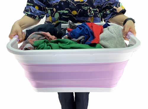 Image of SAMMART 41L (10.8 gallon) Collapsible Plastic Laundry Basket - Foldable Pop Up Storage Container /Organizer - Portable Washing Tub - Space Saving (Rectangular, Ceramic Blue+Pale Purple (Set of 2))