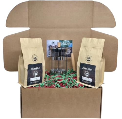 Gift Set for men and women with 2 Pack Organic Bourbon Barrel Aged Whole Beans Roasted Coffee + 1 French Press.