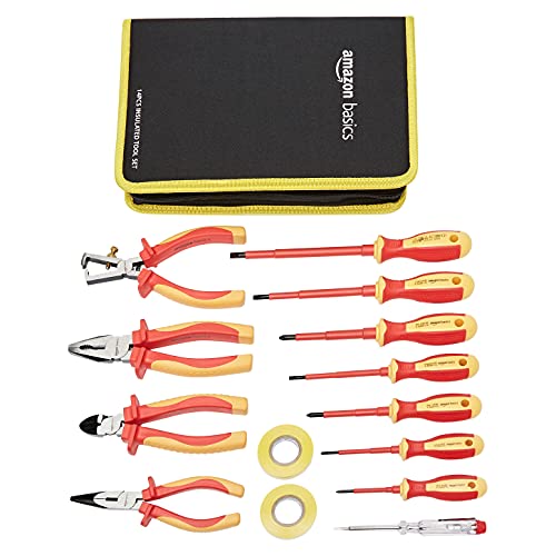 Amazon Basics 1000 Volt VDE Insulated Tool Set, Pliers and Screwdriver Industrial Tool Set 1-Piece Voltage Tester and 2-Piece Electrical Tape, 14-Piece
