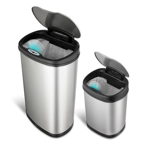 NINESTARS CB-DZT-50-13/12-13 Automatic Touchless Infrared Motion Sensor Trash Can Combo Set, 13 Gal 50L & 3 Gal 12L, Stainless Steel Base (Oval, Silver/Black Lid)