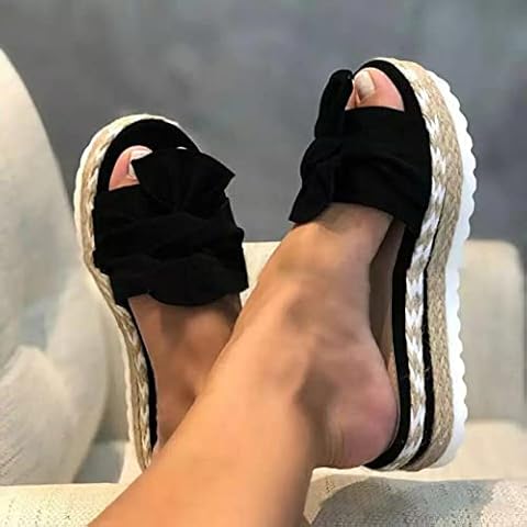 WALLDOR Reflexology Massage Tools slippers,Relief Heel Neuropathy Pain Slippers,Hemp Rope Large Size Sandals And Slippers, Women's Bow Beach Shoes,black,42 Cover