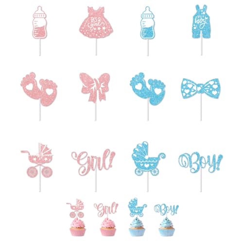 YAZWUR 24 Piezas Decoración de Tarta Gender Reveal para Baby Shower, Topper de Cupcake Niño o Niña, Decoración para Tarta de Bautizo, Fiesta de Revelación de Género (Azul, Rosa)