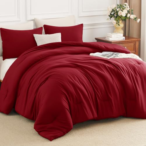 Image of HIMEET Full Size Comforter Sets, 3 Pieces with 2 Pillowcases, Dark Red | 270GSM Down Alternative Fill, Oeko-TEX Certified, 8 Corner Ties Quilted, All Season, Fluffy Bed Set, Bedroom Decor Bedding