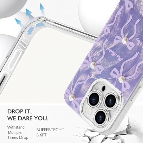 Image of VONZEE Compatible with iPhone 15 Pro Max 6.7'' Case Luxury Pink Girly Cute 3D Bow Pearl Glitter Bling Case with Full Camera Protection Shockproof PC+TPU Glossy Shiny Cover for Girls Women, Purple