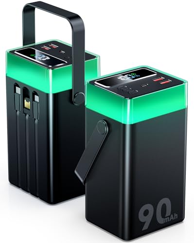 90000mAh Power Bank: 35W Fast Charging with 3 Outputs, 3 Built-in Cables, Digital Display, LED Flashlight & RGB Light, Portable Charger for Camping, Emergencies (Black) (Black)