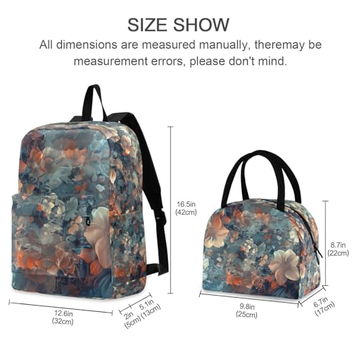 Backpack Lunch Bag Set Artwork Flowers Print, Big Storage Travel Backpacks with Insulated Lunch Box for Office Hiking Picnic2