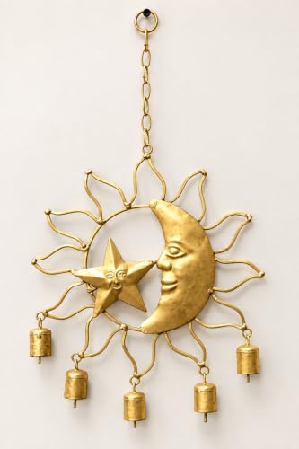 Image of DULI Metal Windchime Wall Hanging, Feng Shui, Wall Art, Wall Decor, PositiveVibes, Rustic Wall Hangings, Wall Art, Diwali Decor, Home Decor, Positive Vibes (MetalHanging-HalfSunwithBell)