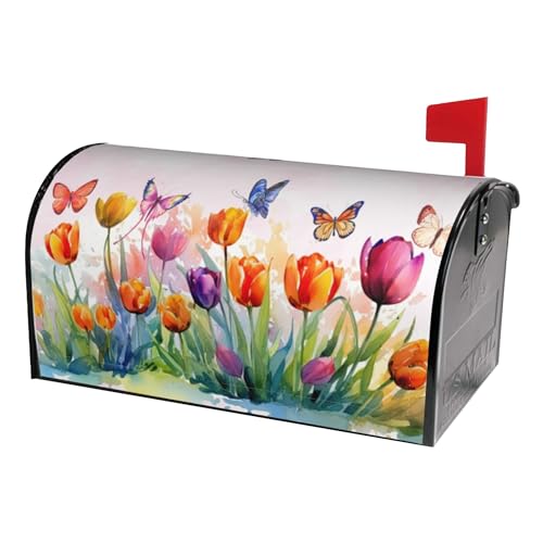 Image of Watercolor Tulips with Butterfly Mailbox Covers Magnetic Standard Size, Spring Summer Magnetic Mailbox Covers 18 inchx21 inch for Outside Yard Decor