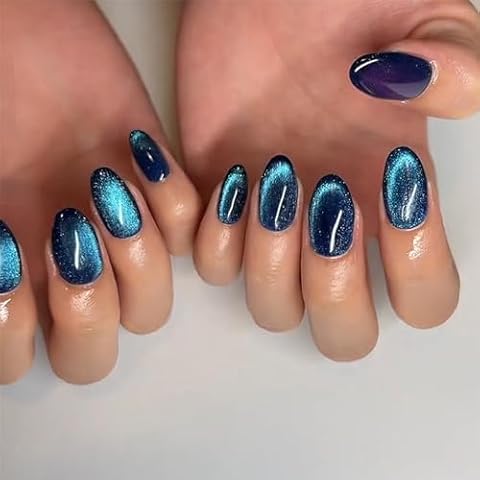 24pcs Blue Cat Eye Press on Nails Cover