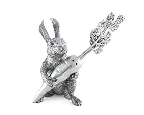 Vagabond House Rabbit with Carrot Salt and Pepper Silver/Pewter Shaker Set easter or bunny tableware 5.5 inch Tall