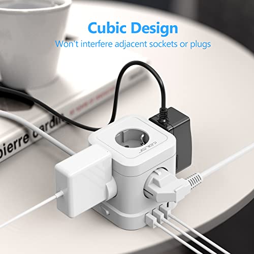 JSVER Multiprise Cube USB, Bloc Multiprise 5 Prises avec 4 Ports USB Chargeur (5V3,4A/17W) Prise Multi avec Port USB C und Interrupteur pour Domicile, Bureau Cable 2m-Blanc