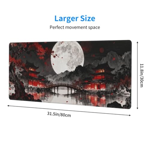 Image of Watercolor Japanese Mouse Pad 31.5x11.8 XL Black Red Lake Pavilion Tree Anime Design Extended Large Mousepad Keyboard Mouse Mat Desk Pad with Non-Slip Rubber Base Stitched Edges for Home Office Game