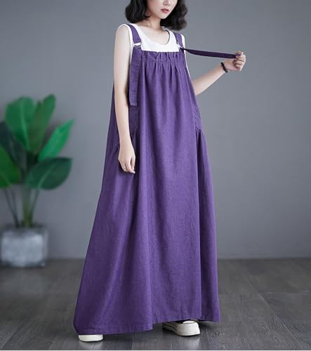Image of Women's Casual Loose Denim Dress Sleeveless Adjustable Straps Denim Jumper Dress with Pockets