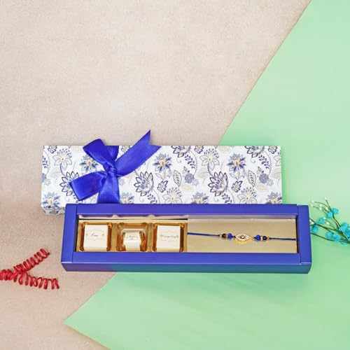 Image of Velvet Fine Chocolates Rakhi Mini Sweets Gift Box | Assorted Chocolates & Evil Eye Rakhi | Perfect Raksha Bandhan Gift | Pack of 1