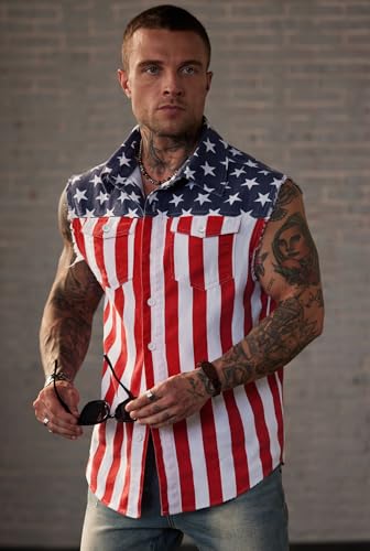 Mainfini Men's American Flag Denim Vest 4th of July Sleeveless Jacket With Pockets (S-XXL)3