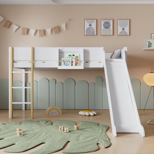 Merax Hochbett für Kinder, Etagenbett mit Rutsche und dreistufiger gerader Leiter, Abnehmbares Regal, Weiß+Natur, 90x200cm, Kiefer + MDF