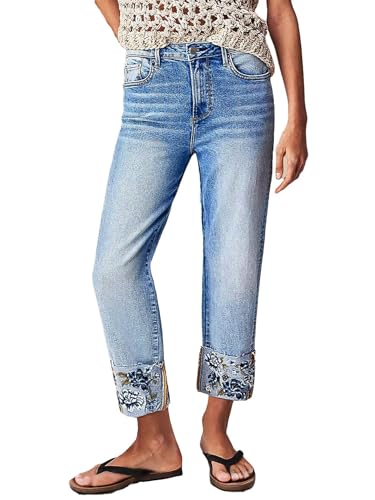 Flamingals Women's Mid Rise Straight Leg Roll Hem Floral Embroidery Bohemian Denim Crop Jeans