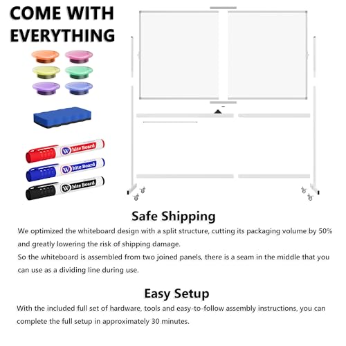 Image of Large Rolling Whiteboard on Wheels, 72 inch x 40 inch Double-Sided Mobile White Board with Stand, Portable Standing Magnetic Dry Erase Board Easel for Home Office Classroom School, Silver