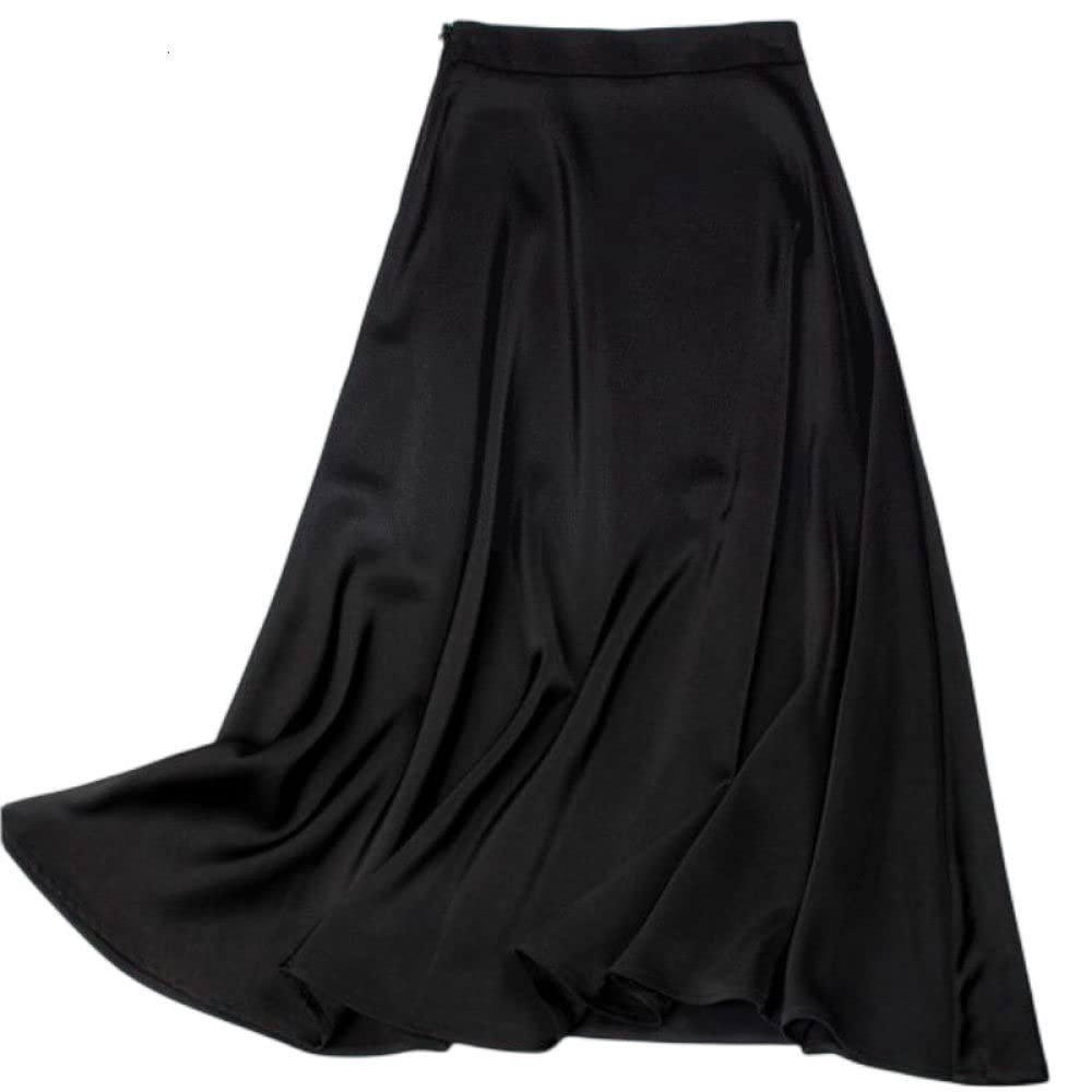 OZEO Röcke Damen,Damen-Satin-Falten-Langer Rock Schwarz Hoch Taillierter Glänzender Midi-Rock Mit Reißverschluss Eleganter A-Linien-Schaukel Geraffte Einfarbige Lange Röcke Für Mädchen Damen,L