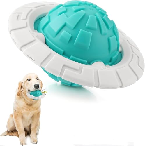 Image of DISSKNIC KIMEE Dog Toys for Aggressive Chewers, Rubber Dog Ball Toy, Indestructible Squeaky Chew Toy, Interactive Fetch Ball for Large & Small Dogs, Puppy Teething Dental Toy, UFO Flying Disc (Blue)