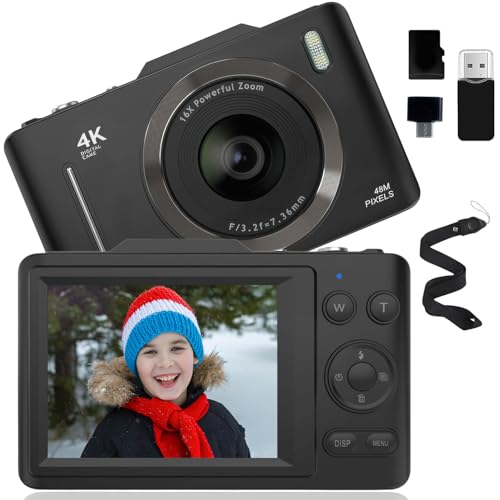 Digitalkamera, Fotokamera Digitalkameras mit 32GB Speicherkarte 48MP 1080P Fotoapparat Vlogging-Kamera mit Blitz, Autofokus, Anti-Shake, Tragbare Kompakte Kamera für Kinder und Anfänger