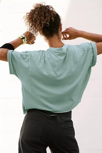 Image of HUGOOME Womens Oversized Workout Crop Top Casual Short Sleeve Boxy Roll Hem