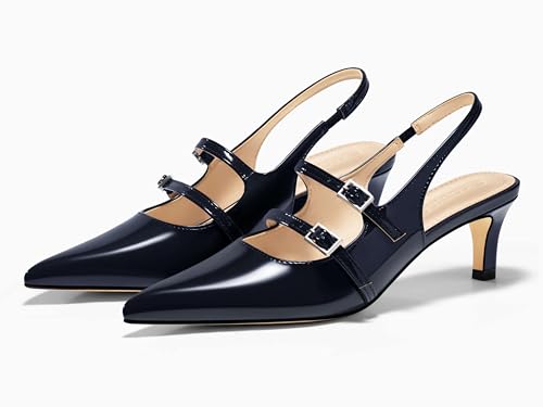 Image of Coutgo Womens Slingback Kitten Heels Mary Jane Pumps Closed Pointed Toe Buckle Strap Wedding Dress Shoes