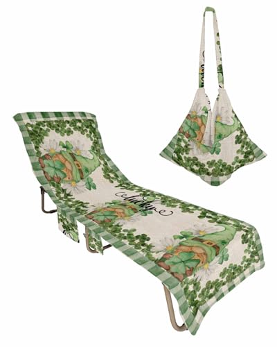 Lucky Clover Gnomes St. Patrick's Day Beach Lounge Chair Towel Cover, Soft Chaise Lounge Towel with Side Pockets Patio Pool Chairs Cover for Beach/Pool Sunbathing 29x85 Black White Plaid