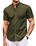 COOFANDY Mens Casual Dress Shirt Short Sleeve Button Up Shirts No Collar Collarless Dress Shirts Summer Fitted Shirts Army Olive Green XXL 2XL