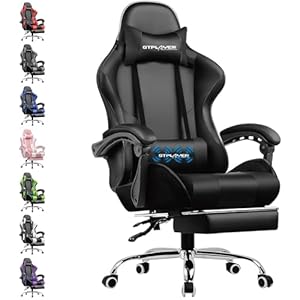 GTPLAYER Gaming Stuhl Bürostuhl Massage Gaming Sessel Ergonomischer Gamer Stuhl mit Fußstütze, Kopfstütze Massage-Lendenkissen, Gepolstert Gaming Chair, Drehsessel, schwarz