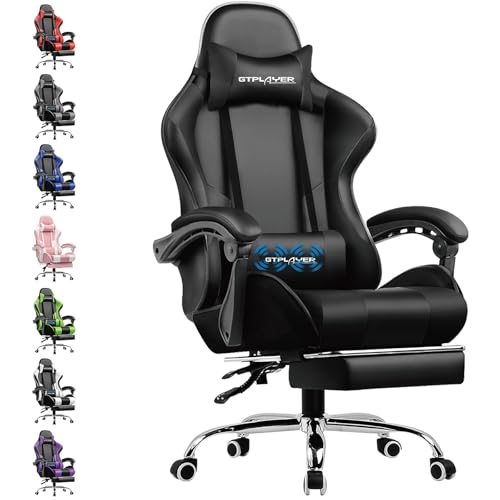 GTPLAYER Gaming Stuhl Bürostuhl Massage Gaming Sessel Ergonomischer Gamer Stuhl mit Fußstütze, Kopfstütze Massage-Lendenkissen, Gepolstert Gaming Chair, Drehsessel, schwarz