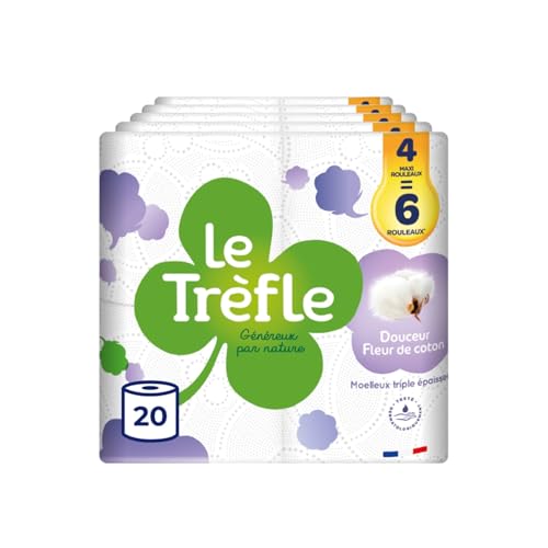 Le Trèfle Douceur Fleur de coton - Papier Toilette, 20 Maxi Rouleaux = 30 Rouleaux Classiques, Avec Lotion aux Extraits de Coton, Blanc