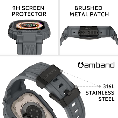 Image of amBand Bands Case Screen Protector Compatible with Apple Watch Ultra 3 /2 /1 49mm, M1 Sport Series Rugged Cover Strap and 9H Tempered Glass Film, Protective Bumper for iWatch 49 mm Men Gray