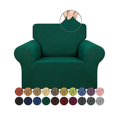 KEKUOU Stretch Single Sofa Slipcover 1 Piece Couch Sofa Cover (31"-55") Furniture Protector 1 Seater Sofa with Elastic Bottom for Kids,Pet.Jacquard Small Checked Pattern Fabric(Small,Hunter)
