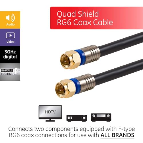 GE RG6 Coaxial Cable, 25 ft. F-Type Connectors, Quad Shielded Coax Cable, 3 GHz Digital, In-Wall Rated, Ideal for TV Antenna, DVR, VCR, Satellite, Cable Box, Home Theater, Black, 33531 - image 2