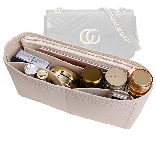 OAikor Upgraded Felt Small Insert Purse Organizer with Zipper Fit GG Medium Marmont Insert Matelasse Shoulder Bag,Handbag Organizer Tote Liner Pouch for Women Inner Bladder Bag(Beige, Medium)