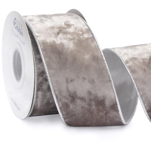 Image of Ribbli Taupe Velvet Wired Ribbon 2.5 Inch Metallic Taupe Crushed Velvet Christmas Ribbon for Gift Wrapping Christmas Tree Decoration Crafts Wreaths Supplies-Continuous 10 Yards