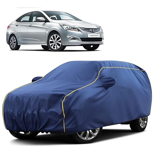 Image of Sulfar 100% Water Resistant Car Body Cover Compatible with Mirror for Hyundai Fluidic Verna 4S (Triple Stitched, Full Bottom Elastic, Blue Taffeta with Yellow Piping)