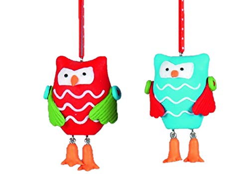 Zwei helles Blau und Zwei hellrote verzierte Ton-Eulen-Dekorationen -...