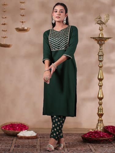 Image of ishin Women's Viscose Rayon Yoke Design Green Straight Kurta Suit Set with Trousers and Dupatta